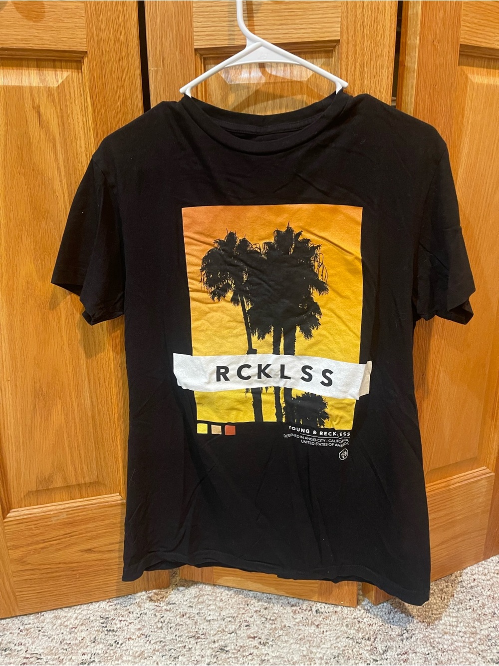 Young & Reckless Black Short Sleeve Tee with Orange Yellow Palm Graphic